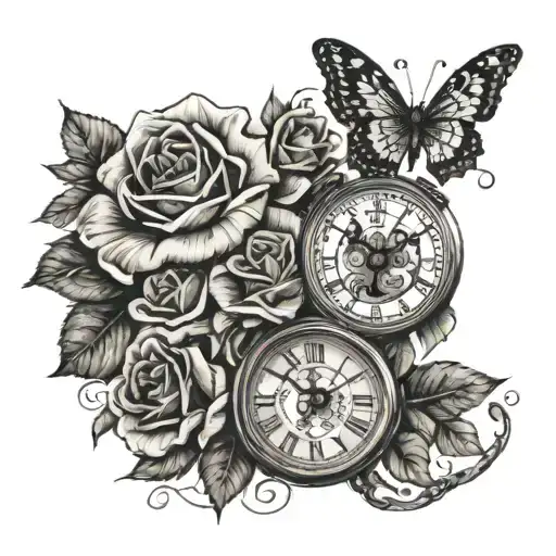 A Snake With A Clock Covered In Roses Next To A Lions Head And A Butterfly