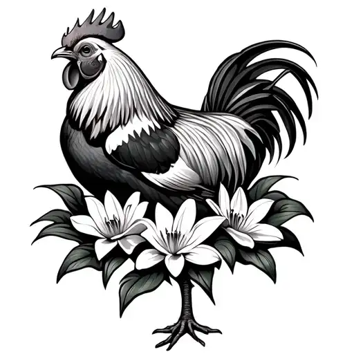 Rooster Laying In A Lily Flowers