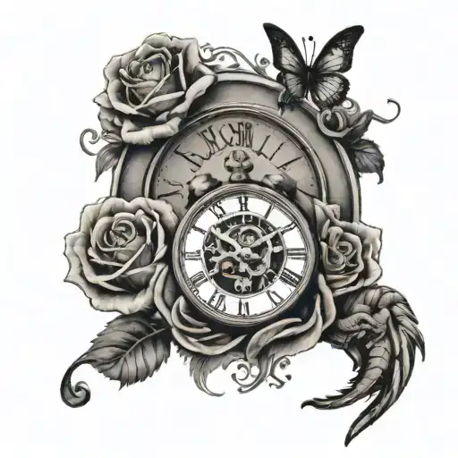 A Clock Covered In Roses Next To A Lions Head And A Butterfly And A Snake