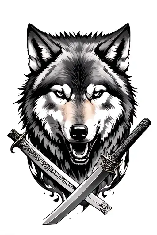 A Wolf Around A Katana Through The Sides Of Top To Bottom
