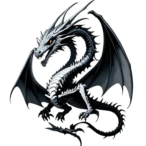 Bone Dragon In Black And White Dark Fantasy Style In Flight