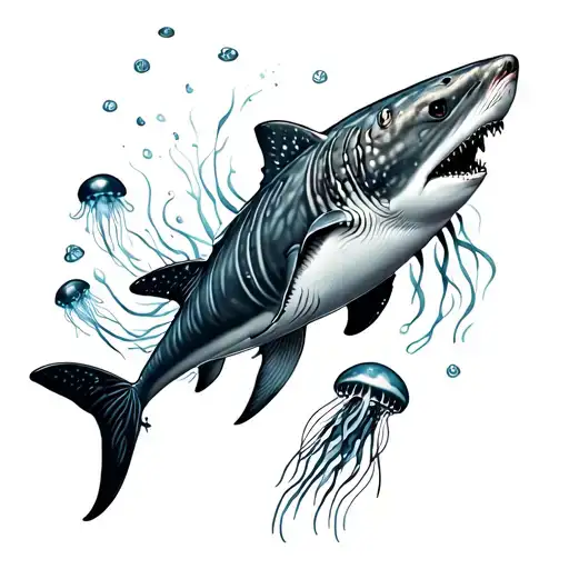 Ertical On The Ribcage And A Little On The Small Side With A Whale Shark And 2 Smaller Jelly Fish