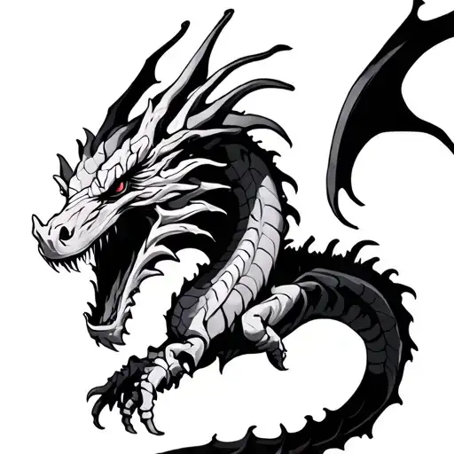 Bone Dragon In Black And White Dark Fantasy Style Tattoo Featuring