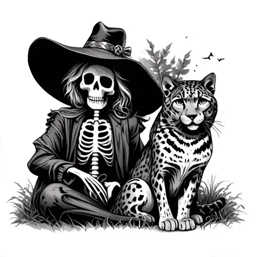 Skeleton Scarecrow With A Grey Snow Leopard Next To It In A New Orleans Graveyard