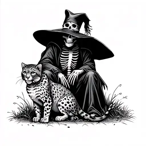 Dark Skeleton Scarecrow With A Grey Snow Leopard Next To It In A New Orleans Graveyard