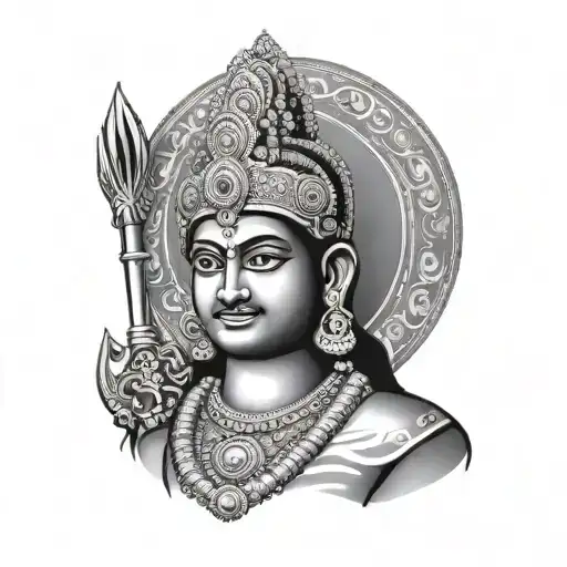 Create A Black-grey Portrait Of Lord Murugan With His Spear And Flag