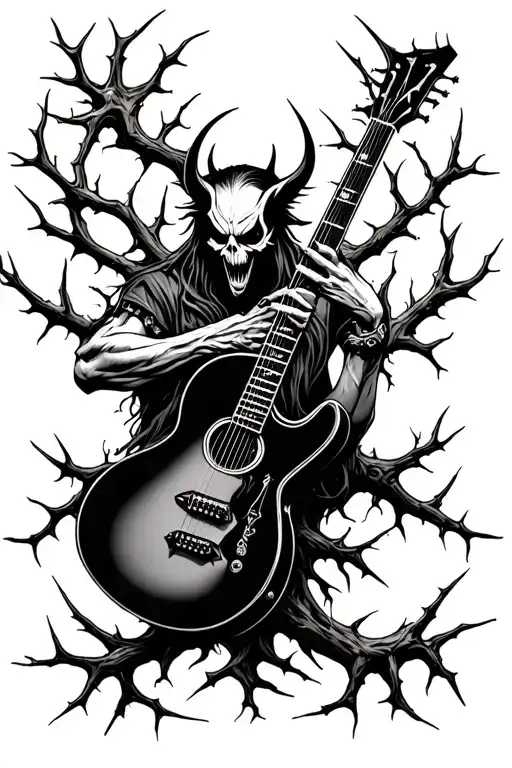 Devevil Playing Guitar Wrapped Around A Tree Of Life With Thorns