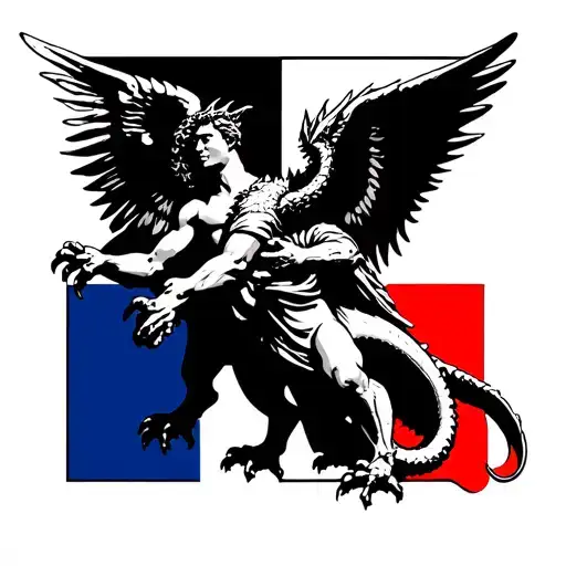 Archangel Saint Michael With French Flag In The Background Defeating A Dragon