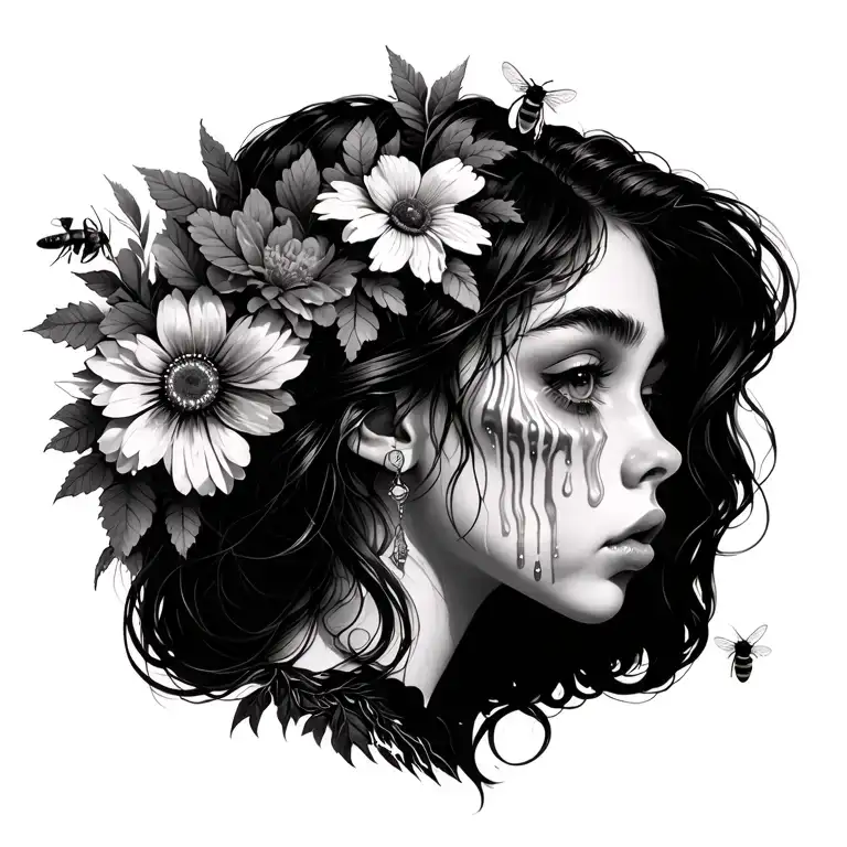 Girl Thinking With Tears And Flowers And Bee