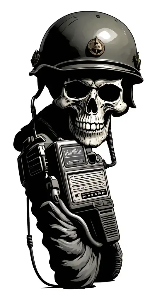 Skull Talking Into A Radio Wearing A Military Helmet