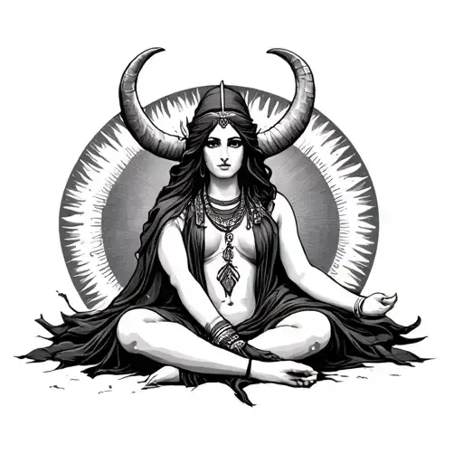 Isis Goddess Sitting With Cow Horns And Sun Disk