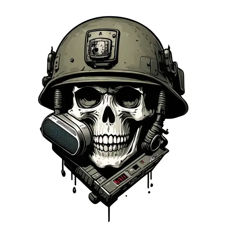 Skull Talking Into A Radio Wearing A Military Helmet