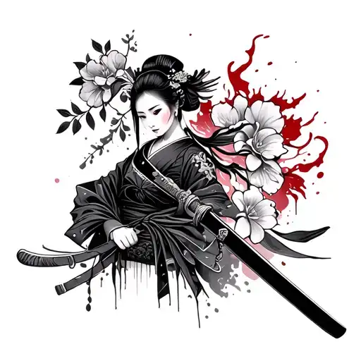 Ninja Geisha Holding A Katana With Blood And Peonias