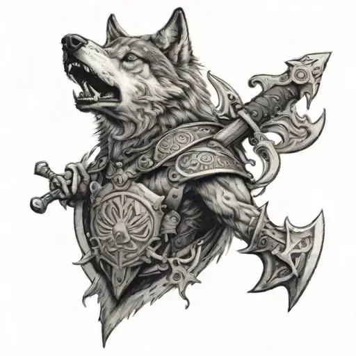A Realistic Black And Grey Portrait Of A Wolf Surrounded By Viking Shields And Weapons