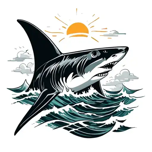 Stormy Ocean Sun Shining Clouds Shark Fins