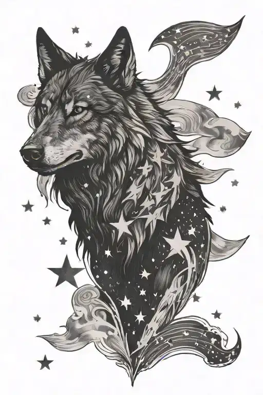 Black Wolf And Stars With Swoird
