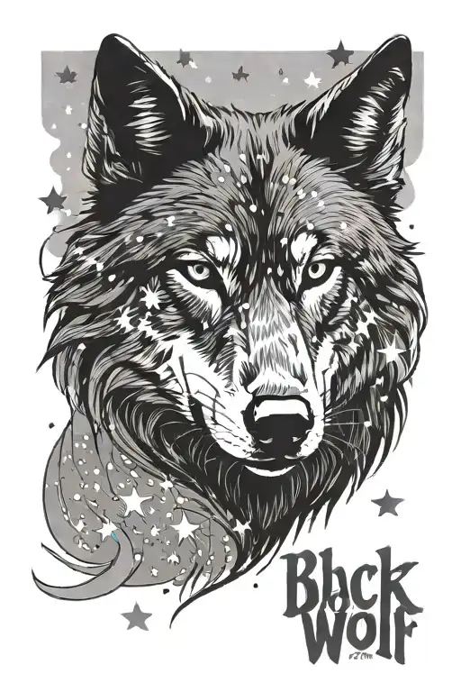 Black Wolf And Stars With Swoird With The Niloofar Text