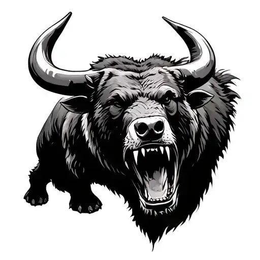 Growling Bear Facing A Roaring Bull