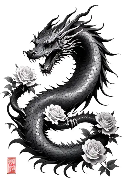 Japanese Dragon With Some Roses Blooming