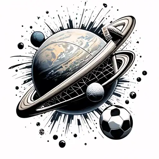 An Abstract Design Featuring Sports Equipment Orbiting Around A Planet