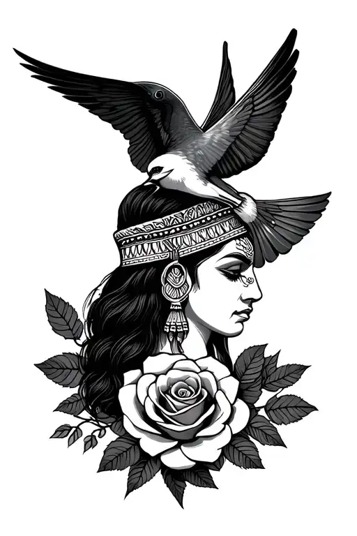 Indian With Headdress Rose And Swallow