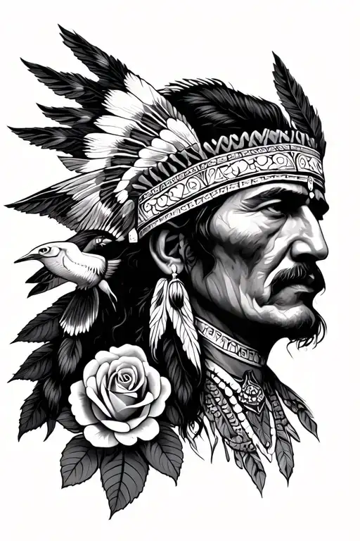 Indian Man With Headdress Rose And Swallow