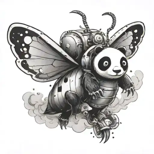 A Surreal Black-grey Piece Of A Firefly Transforming Into A Panda Mid-flight