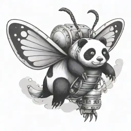 A Surreal Black-grey Piece Of A Firefly Transforming Into A Panda Mid-flight