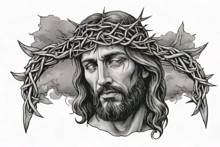 Jesus Face With A Crown Of Thorns On His Head With Clouds Around