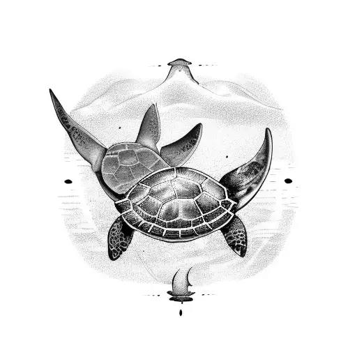 Turtle And Manta Ray With Ocean