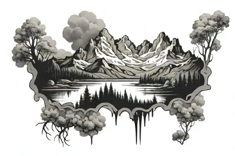 Mountain Range Bicep Tattoo With A Pond