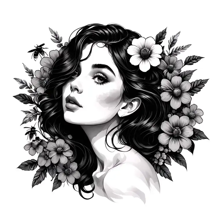Whimsical Women Face Bees Flower
