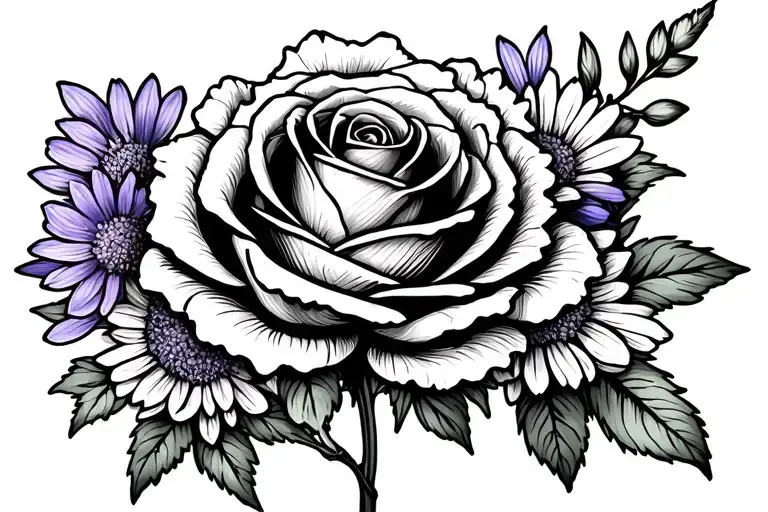 Rose Surrounded By Peony Aster Larkspur And Violet Flower