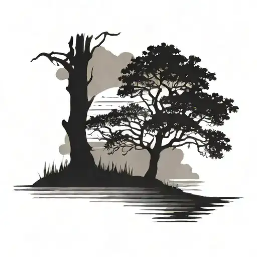 Oak Tree On A River With A Sunset Sky