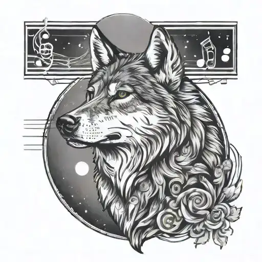 A Portrait Of A Grey Wolf Howling At A Moon Made Of Musical Notes