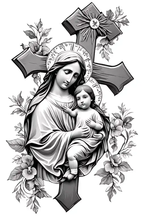 Catholic Cross With Mother Mary Holding Child