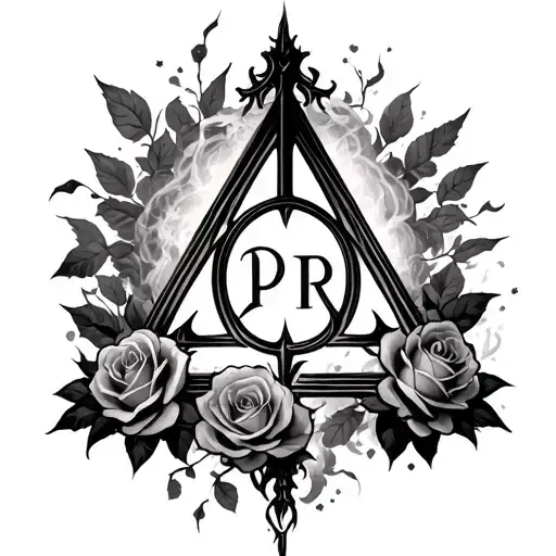 Deathly Hallows Symbol With The Initials Pr In The Mist Along With Some Roses