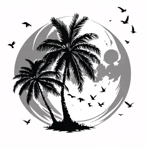 South Carolina Palm Tree With Moon Surrounded By Birds Flying