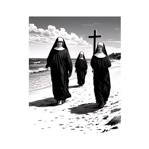 Cross And Nuns Walking Along The Beach