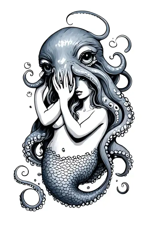 Octopus Crying Holding Mermaid