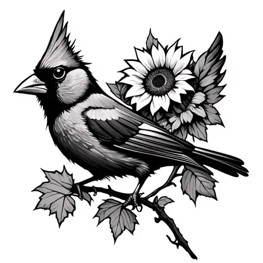Black And White Angry Cardinal Spread Wings With Sunflower And Maple Trees