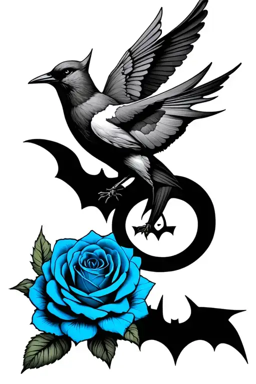 Batman Symbol Integrated With Blue Roses And A Bird