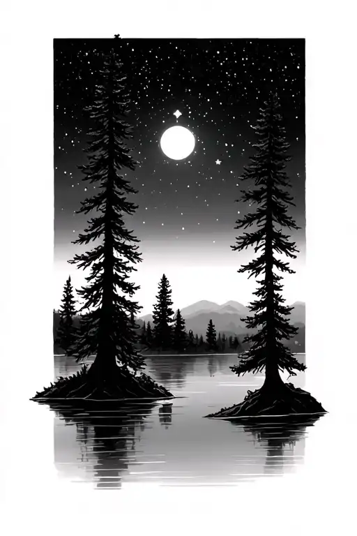 Silhouette Of Pine Trees On A Lake With The North Star