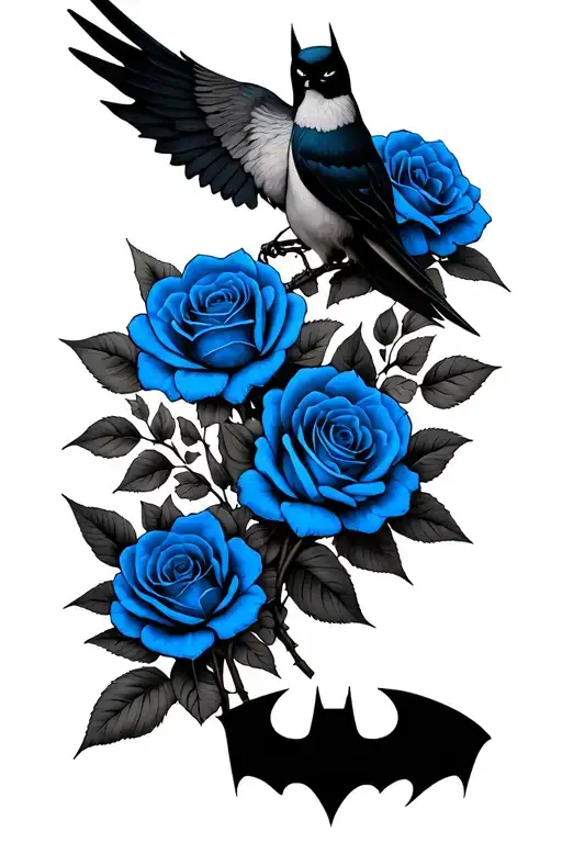 Batman Symbol Merged With Blue Roses And A Bird