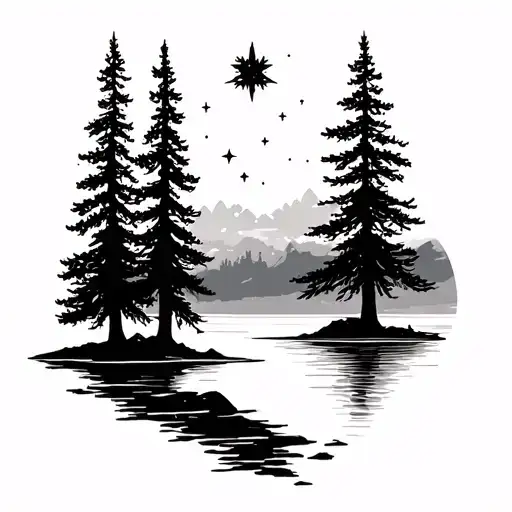 Silhouette Of Pine Trees On A Lake With The North Star