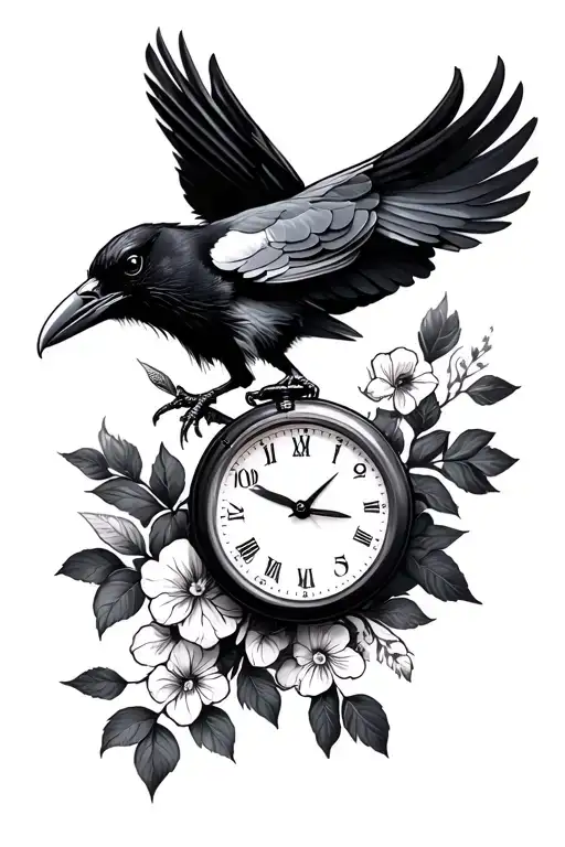 Perched Raven With Pocketwatch Covering Part Of Its Body