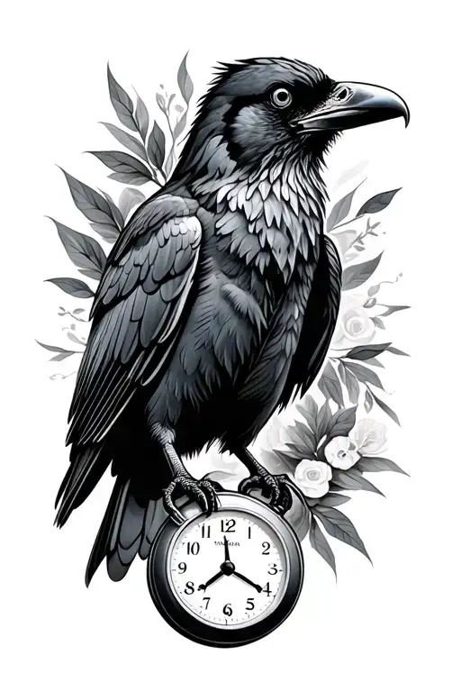 Perched Raven With Pocketwatch Covering Part Of Its Body