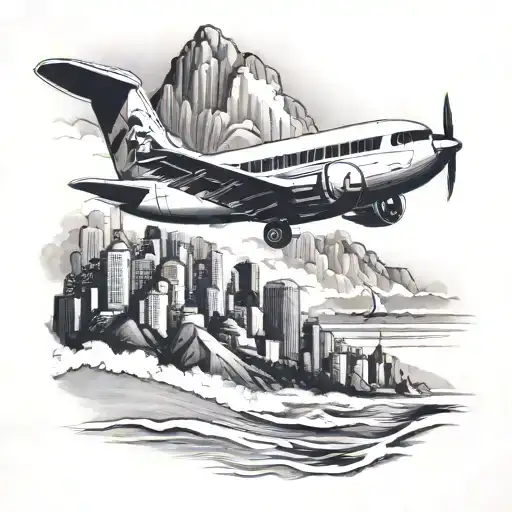 A Black-grey Tattoo Of A Plane Flying Over The Famous Copacabana Beach In Rio De Janeiro