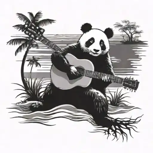 Silhouette Of A Panda Playing A Guitar On A Serene Beach
