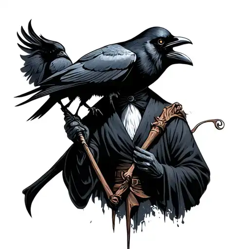 Plague Doctor With Crow Perched On Shoulder Holding A Staff